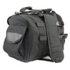 Milwaukee Leather SH630 black textile motorcycle sissy bar duffle bag mounted on a bike's sissy bar, showcasing durable biker bag design.