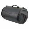 Milwaukee Leather SH631 black PVC motorcycle sissy bar duffle bag attached to a bike's sissy bar, designed for biker storage.