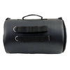 Milwaukee Leather SH631 black PVC sissy bar duffle bag mounted on a motorcycle, showing sturdy biker bag with straps and zippers.