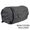 Milwaukee Leather SH631 black PVC sissy bar duffle motorcycle bag attached to a bike's sissy bar, showing durable material and spacious design.