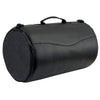 Milwaukee Leather SH631 black PVC motorcycle sissy bar duffle bag with strap and buckle details on a bike.