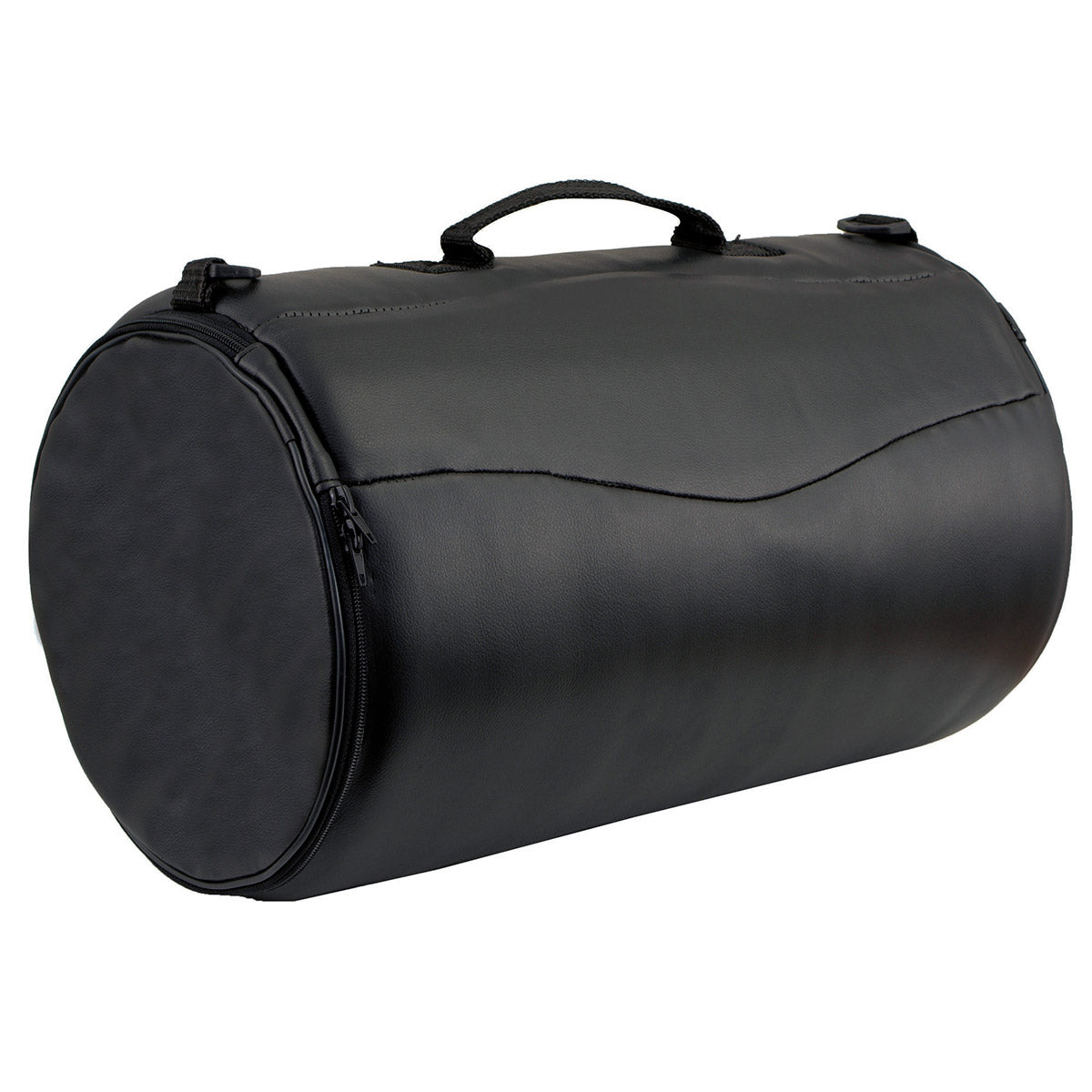 Milwaukee Leather SH631 black PVC motorcycle sissy bar duffle bag with strap and buckle details on a bike.