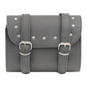 Milwaukee Leather black PVC double buckle studded motorcycle tool bag with clip and thigh attachment, shown on a motorcycle.