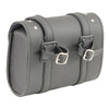 Milwaukee Leather black PVC double buckle studded motorcycle tool bag mounted on bike, clip/thigh/fan style for motorcycle accessories.