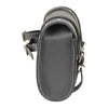 Milwaukee Leather black PVC double buckle studded motorcycle tool bag attached to a motorcycle's clip and thigh area.