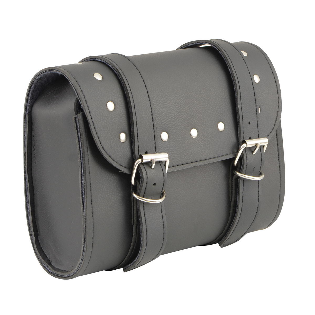 Milwaukee Leather black PVC double buckle studded motorcycle tool bag with clip and thigh attachment for secure riding storage.