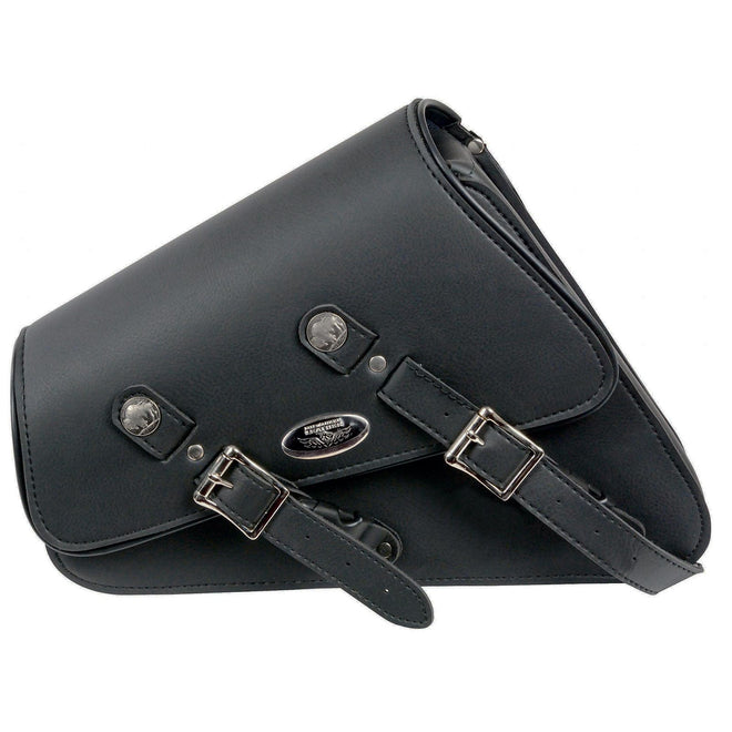 Milwaukee Leather SH639 black right side biker bag with heavily slanted PVC swing arm design and buffalo snap closures.