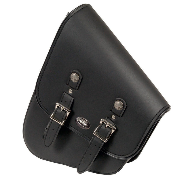 Milwaukee Leather SH640 Black left side tall slanted PVC biker bag with buffalo snap closures, designed for motorcycle storage.