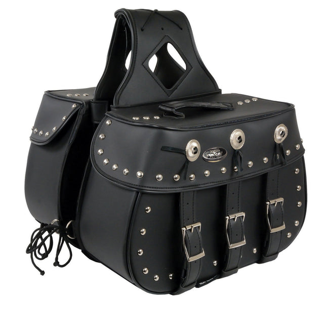Milwaukee Leather black zip-off motorcycle saddle bags with triple buckles and studs, designed for biker bags, 18x11x7x19 inches.