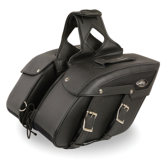 Milwaukee Leather black zip-off PVC slanted motorcycle saddlebags for bikers, medium size with a sleek design and secure mounting straps.