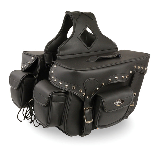 Milwaukee Leather black zip-off double pocket studded PVC biker saddlebag with throw-over design and metal stud accents.