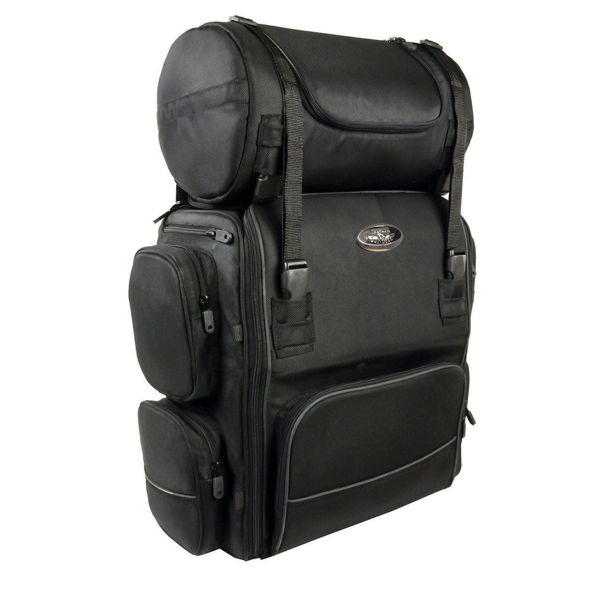Milwaukee Leather SH680 large black textile motorcycle sissy bar travel bag with straps and buckles mounted on a bike.
