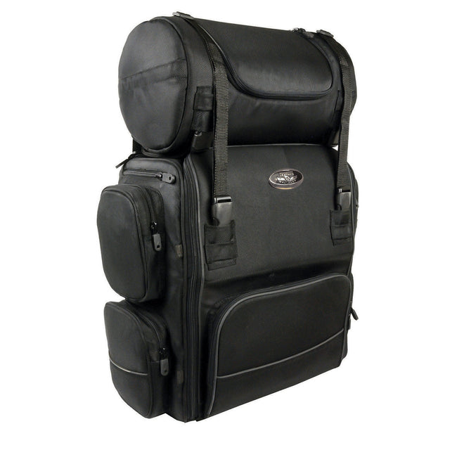 Milwaukee Leather SH680 large black textile motorcycle sissy bar travel bag with straps and buckles mounted on a bike.