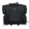 Milwaukee Leather black textile ultra touring motorcycle sissy bar bag with multiple compartments and sturdy straps.