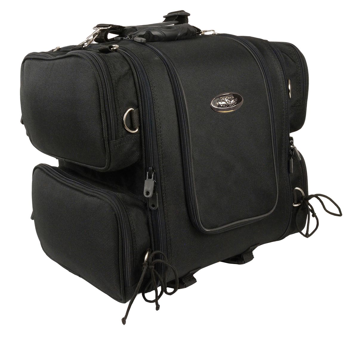 Milwaukee Leather SH681 medium black textile motorcycle sissy bar bag with sturdy straps, designed for touring bikes.