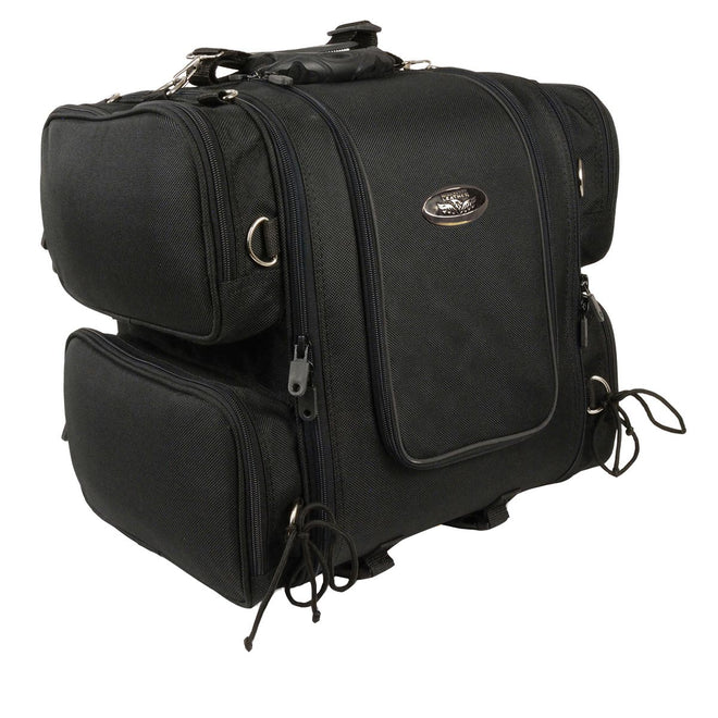 Milwaukee Leather SH681 medium black textile motorcycle sissy bar bag with sturdy straps, designed for touring bikes.