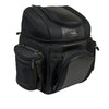 Milwaukee Leather SH682 black medium motorcycle textile sissy bar travel bag mounted on a motorcycle seat.