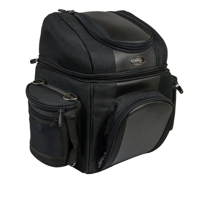 Milwaukee Leather SH682 black medium motorcycle textile sissy bar travel bag mounted on a motorcycle seat.
