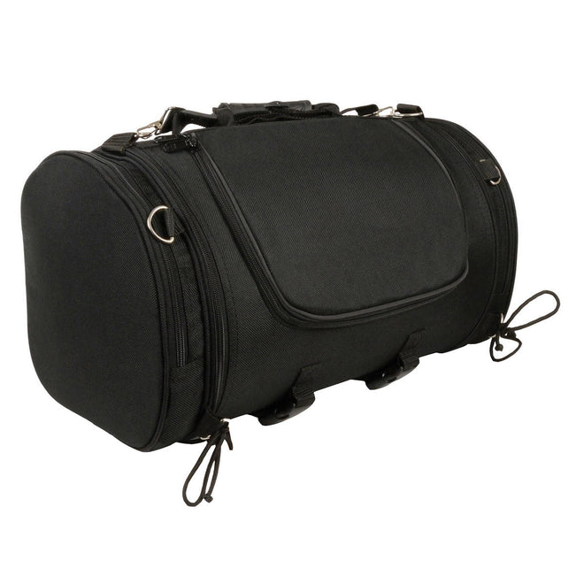 Milwaukee Leather black textile motorcycle sissy bar bag with carry strap, large duffel style biker bag for motorcycle touring.
