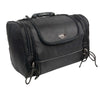 Milwaukee Leather SH684 black textile motorcycle sissy bar bag with reflective piping, designed for bikers, mounted on a motorcycle.