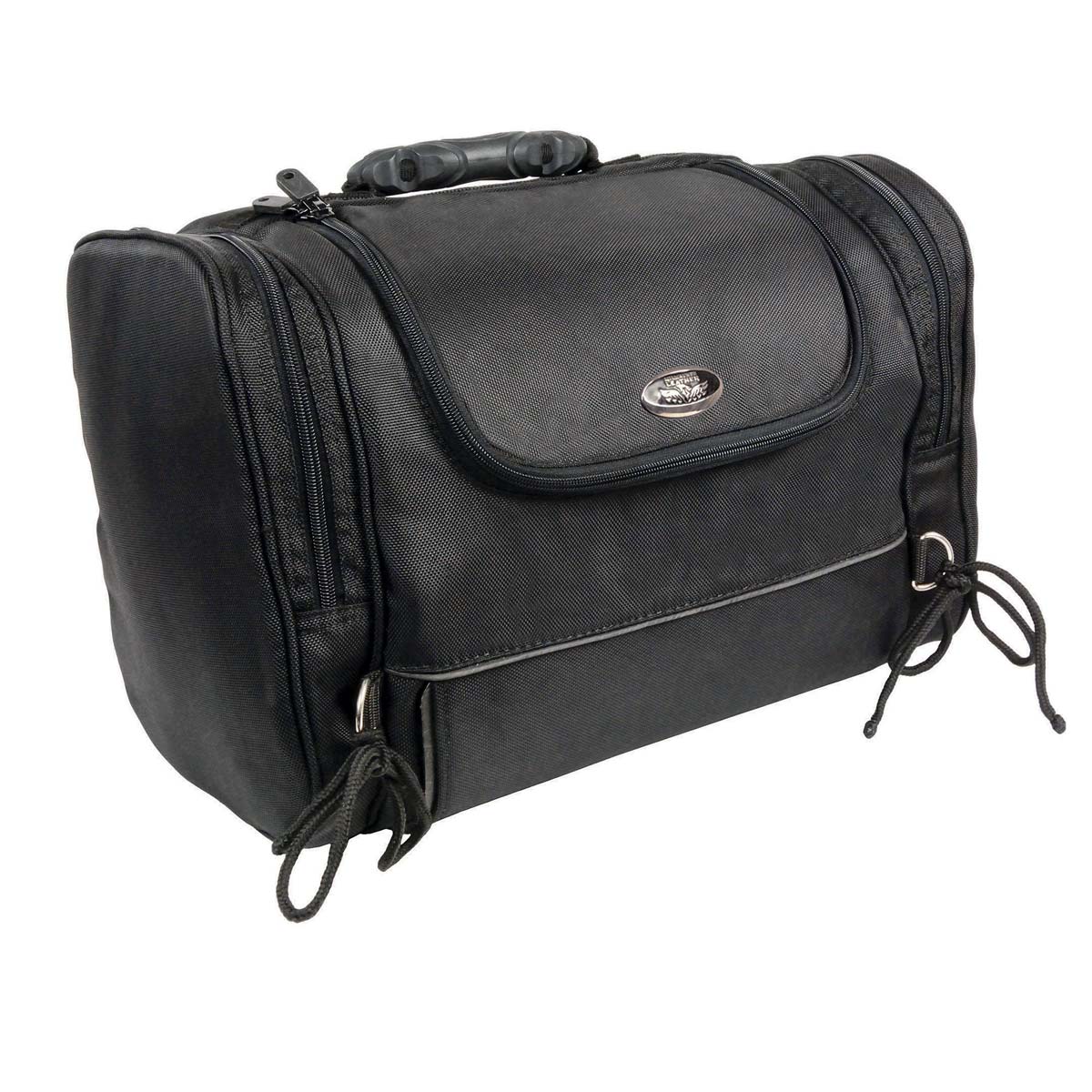 Milwaukee Leather SH684 black textile motorcycle sissy bar bag with reflective piping, designed for bikers, mounted on a motorcycle.
