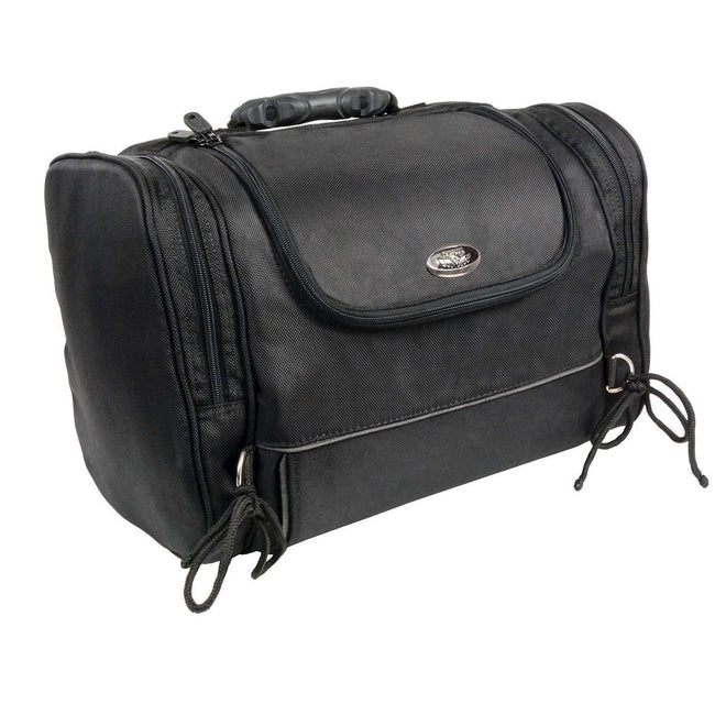 Milwaukee Leather SH684 black textile motorcycle sissy bar bag with reflective piping, designed for bikers, mounted on a motorcycle.