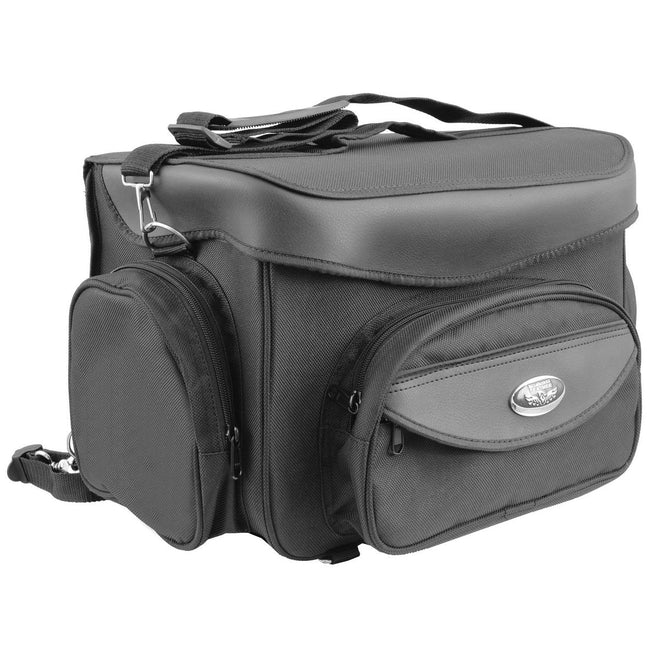 Milwaukee Leather SH685 black motorcycle sissy bar bag with textile construction for biker storage and travel accessories.