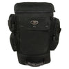 Milwaukee Leather SH688 black nylon retractable sissy bar motorcycle bag with luggage handle mounted on a motorcycle.