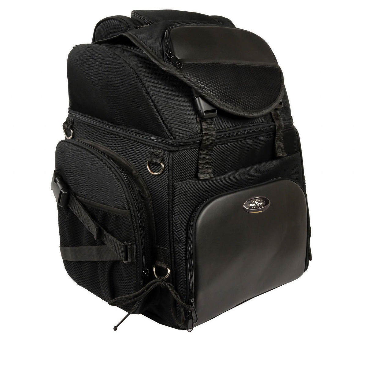 Milwaukee Leather SH689 black waterproof textile touring motorcycle sissy bar bag with adjustable straps and spacious storage.