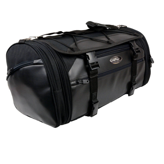 Milwaukee Leather SH694 black textile and PVC duffel style motorcycle rack bag with multiple compartments and sturdy straps.