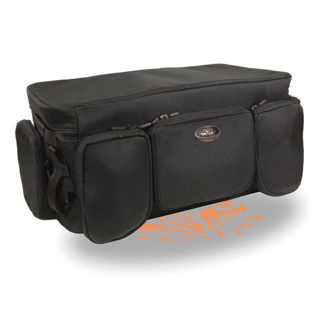 Milwaukee Leather black textile motorcycle sissy bar rack bag with squared shape, designed for biker bags and motorcycle storage.