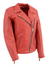 Red braided leather women's jacket by Milwaukee Leather, stylish women's leather jacket with detailed braided design.