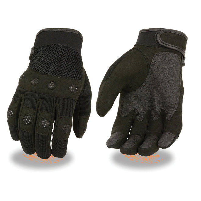 Milwaukee Leather men's black textile padded knuckle mechanics gloves with Amara palm, showing reinforced knuckles and durable design.