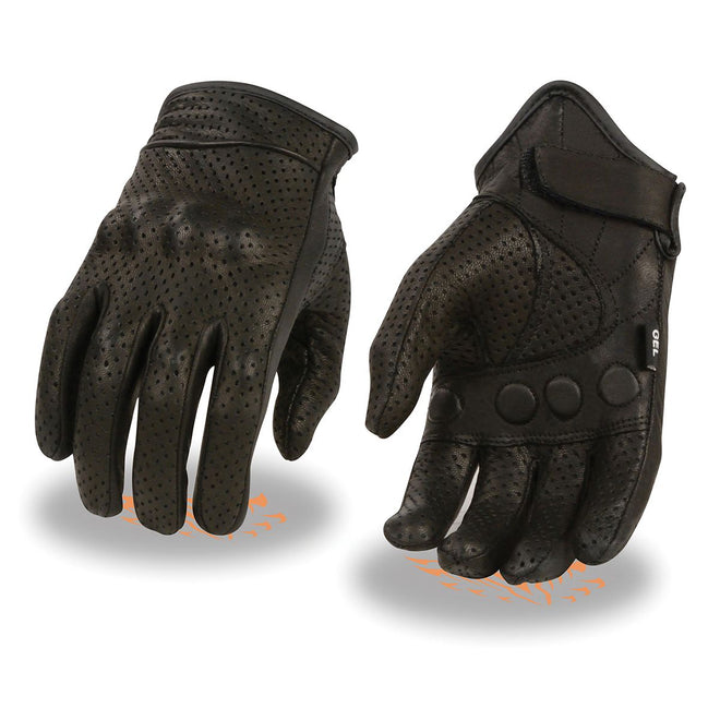 Milwaukee Leather SH810 men's black perforated leather gloves with knuckle protection, designed for durability and comfort.