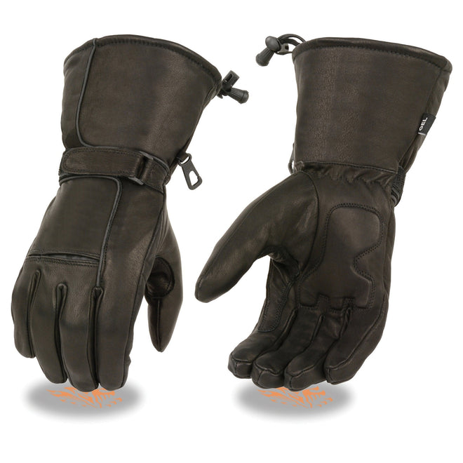 Milwaukee Leather men's black soft leather motorcycle gloves with gel palm, waterproof lining, and reflective piping.