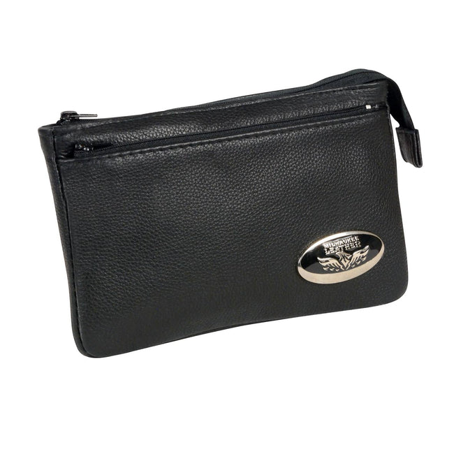 Milwaukee Leather women's black leather shoulder bag with zipper closure and adjustable leather strap, stylish and functional.