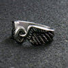 Hot Leathers Silver Wing Wheel stainless steel ring, a detailed motorcycle-themed accessory with wing and wheel design.
