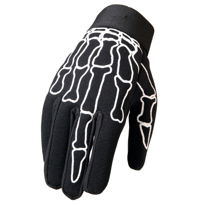 Hot Leathers Skeleton Finger Mechanics Gloves featuring detailed skeleton design on black gloves, ideal for motorcycle riding and casual wear.