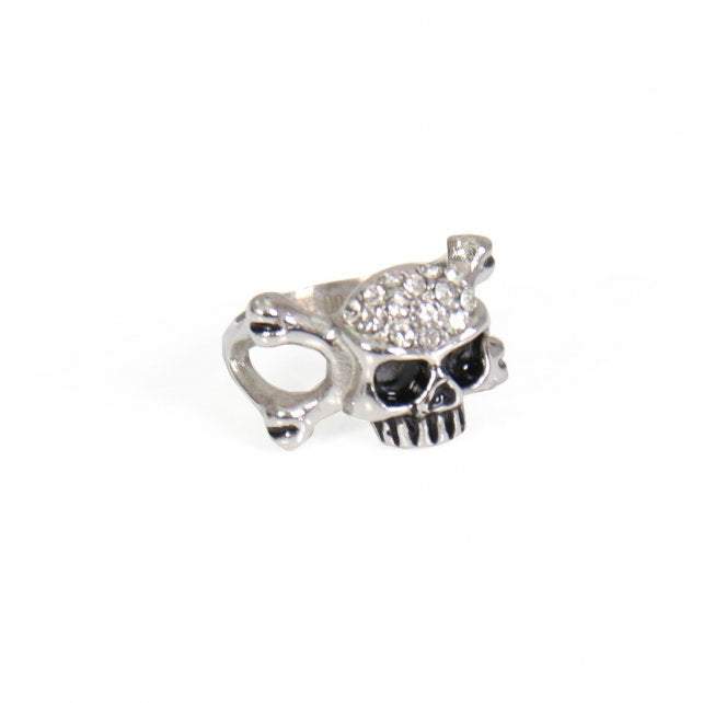 Hot Leathers stainless steel skull and bones ring with rhinestone accents, gothic accessories for bikers and rock enthusiasts.