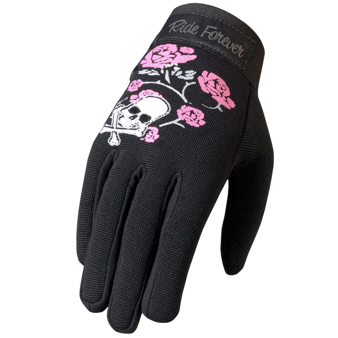 Hot Leathers Skull and Roses ladies mechanics work gloves featuring leather material and detailed skull and roses design.