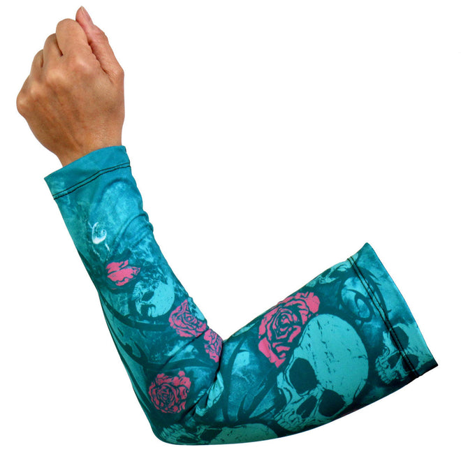 Hot Leathers Skull Bouquet Arm Sleeve featuring a detailed skull and floral design on black fabric.