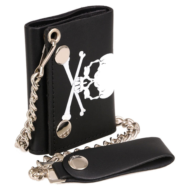 Milwaukee Leather men's black leather biker wallet with skull and crossbones design, featuring a stainless steel anti-theft chain and tri-fold style.