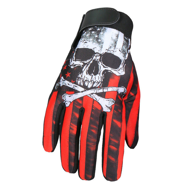 Hot Leathers GVM3003 Flag Skull Mechanics Gloves featuring a bold skull and flag design, durable leather construction for motorcycle riding.