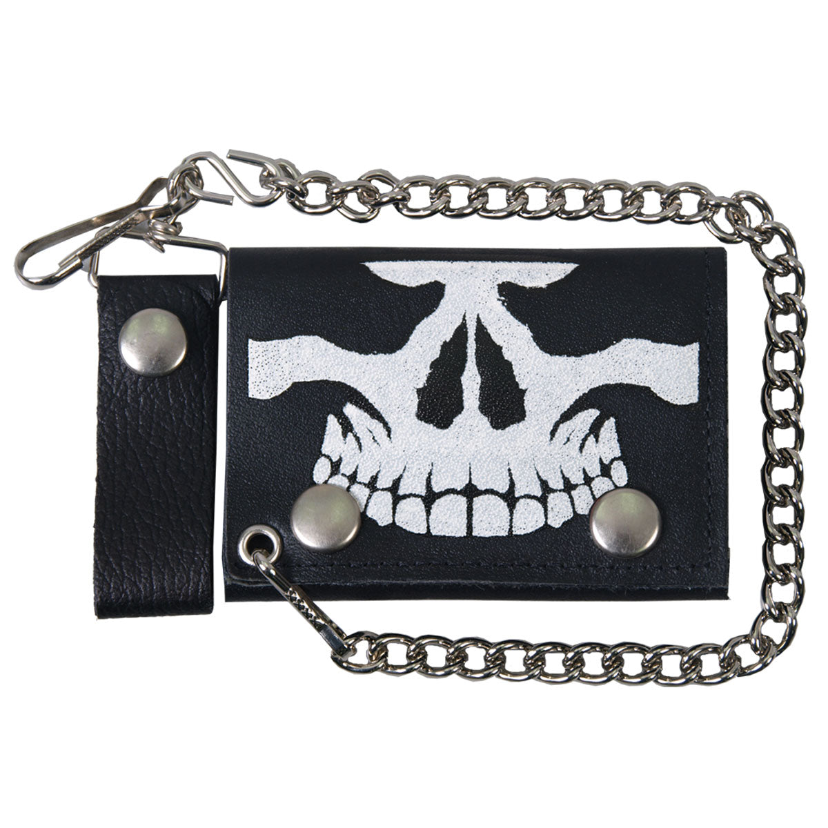 Hot Leathers Skull Black Leather Wallet with Chain, rugged biker-style wallet featuring a skull design and sturdy chain attachment.