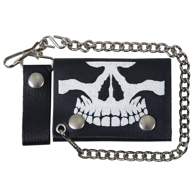 Hot Leathers Skull Black Leather Wallet with Chain, rugged biker-style wallet featuring a skull design and sturdy chain attachment.