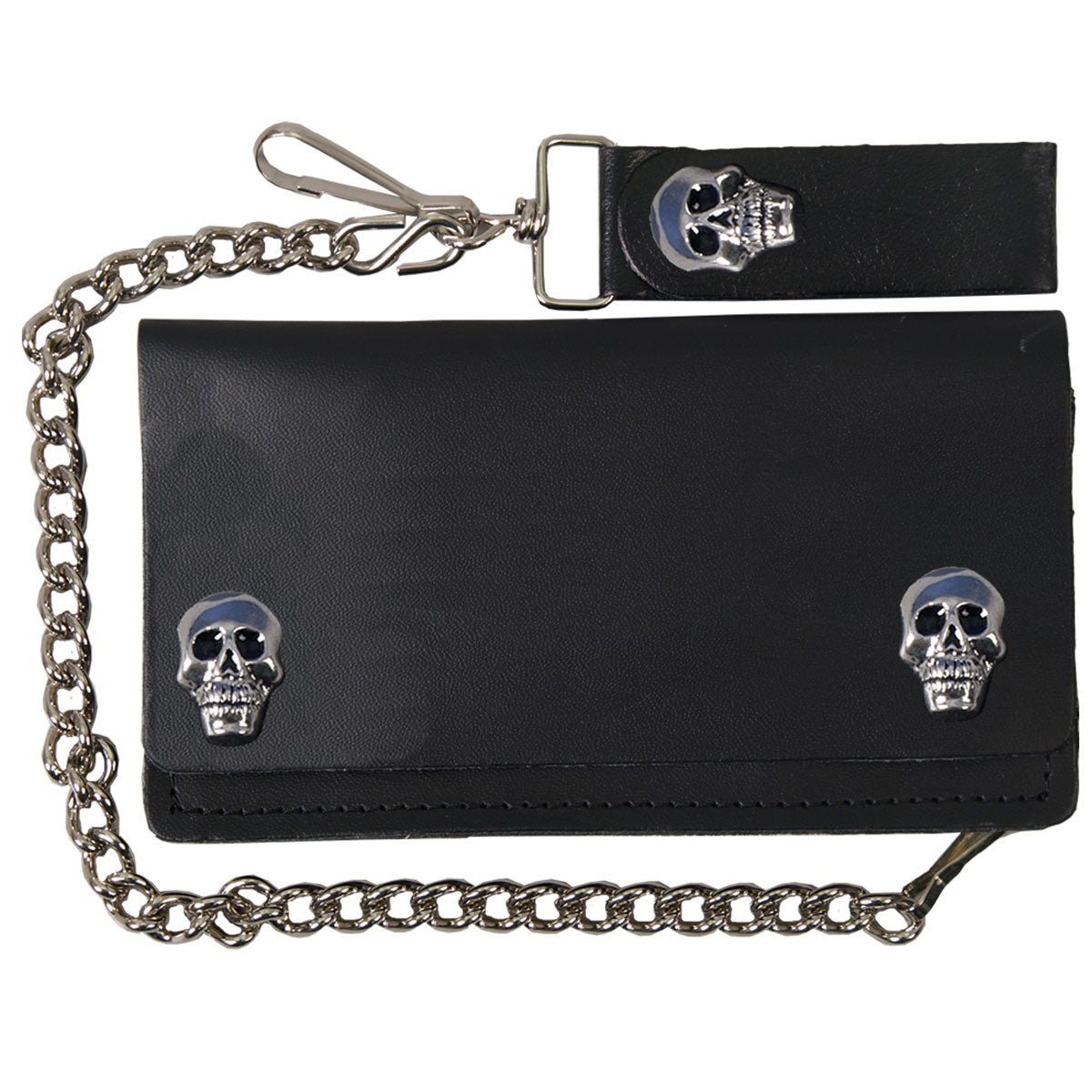 Black leather Hot Leathers Skull Snap Bi-Fold Wallet with Chain, featuring a bold skull design and secure snap closure.