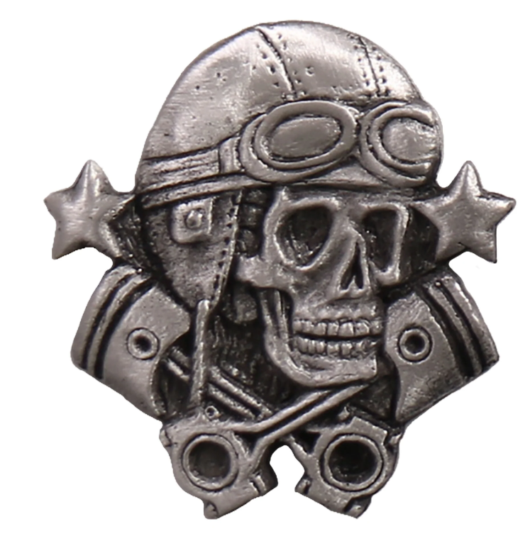 Hot Leathers PIN Aviator Skull pin featuring a detailed skull with aviator sunglasses, ideal for motorcycle or biker gear accessories.
