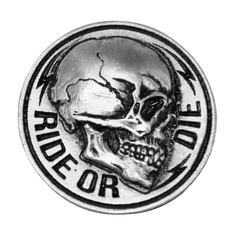 Hot Leathers skull rider pin featuring a detailed skull design on a metal pin, ideal for motorcycle and biker apparel.