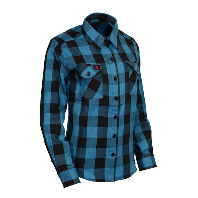 Milwaukee Leather women's black and aqua long sleeve cotton flannel shirt sleeve detail showing fabric texture and stitching.