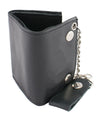 Milwaukee Leather men's black leather tri-fold wallet with steel chain, compact design and secure closure.